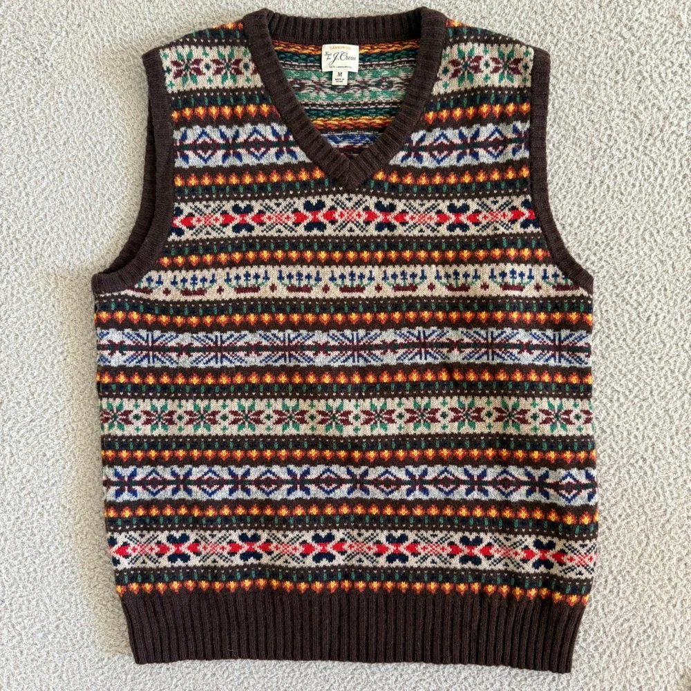 J.Crew Camden Fair Isle Sweater Vest Mens Medium Lambswool Bittersweet Chocolate